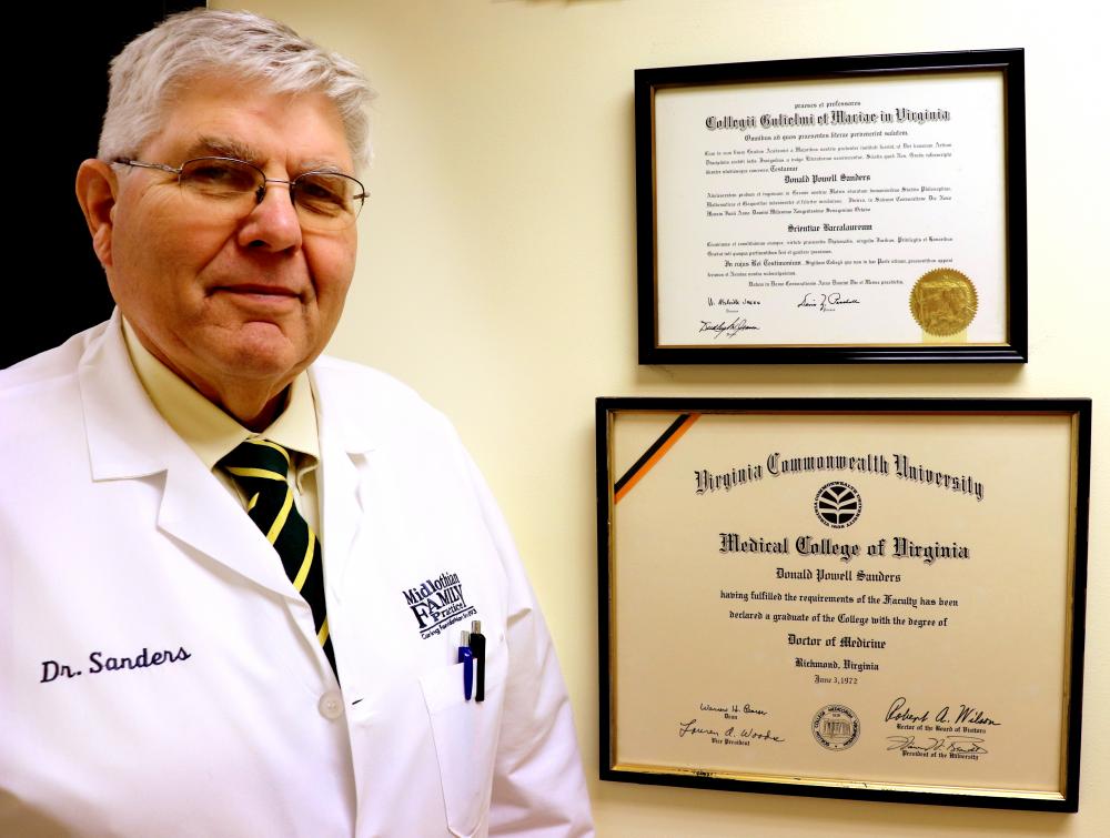 Don Sanders, a 1972 VCU School of Medicine graduate, is still practicing family medicine in Central Virginia after more than 40 years. He and his wife Terry recently made a gift to support the fmSTAT program, which develops, nurtures and supports medical students who are committed to the pursuit of a career in family medicine.